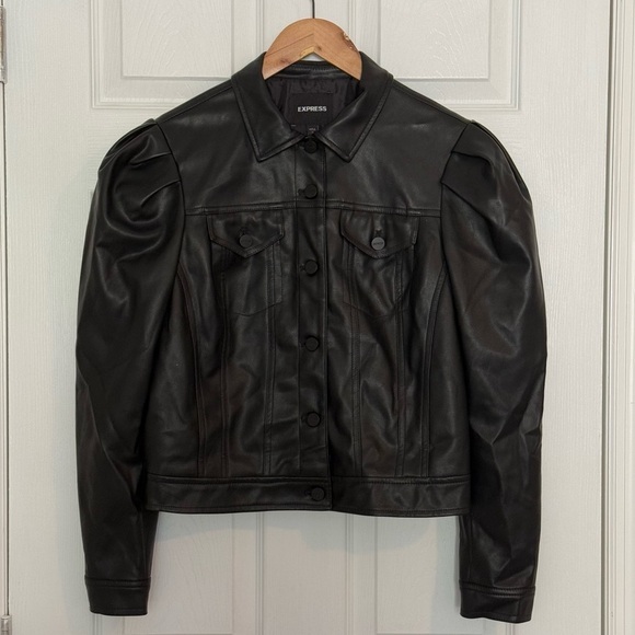 Express Jackets & Blazers - Express Black Faux Leather Puff Sleeve Jacket Small